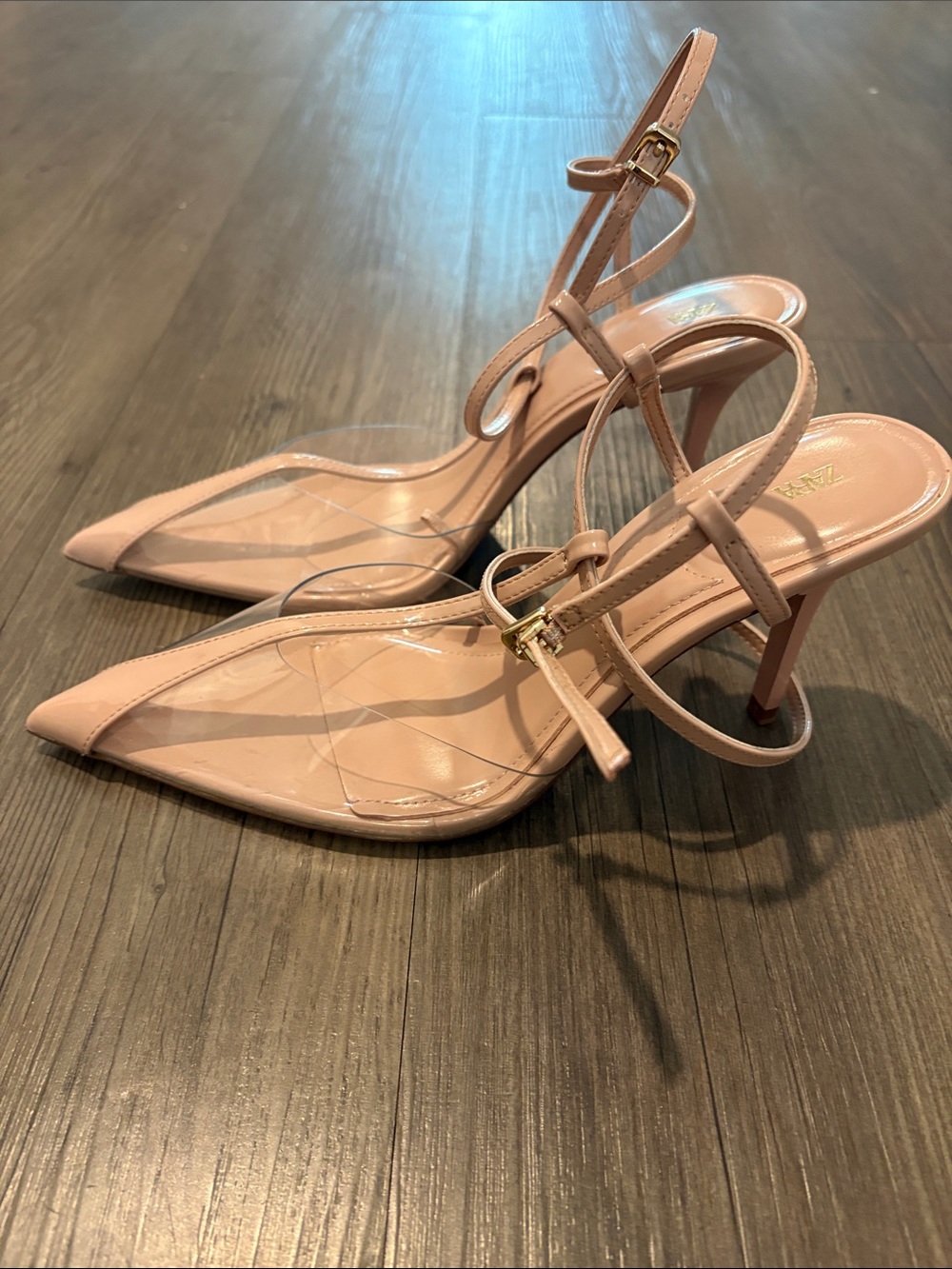 Zara T Strap Blush Nude Pointed Toe Ankle-Strap Heels with Clear Vamp Size 39 - Picture 9 of 11
